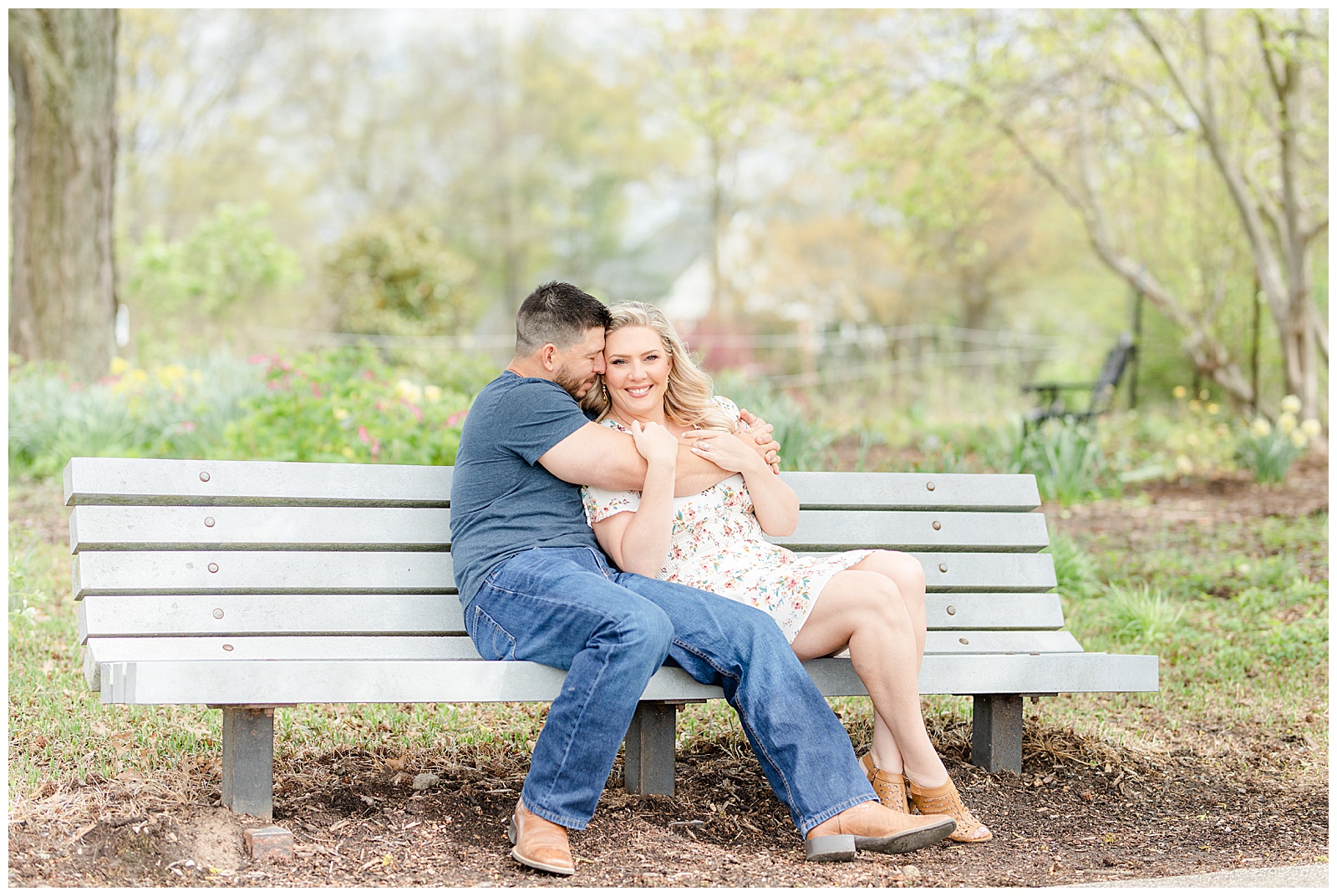 Queeny Park engagement session sitting on bench