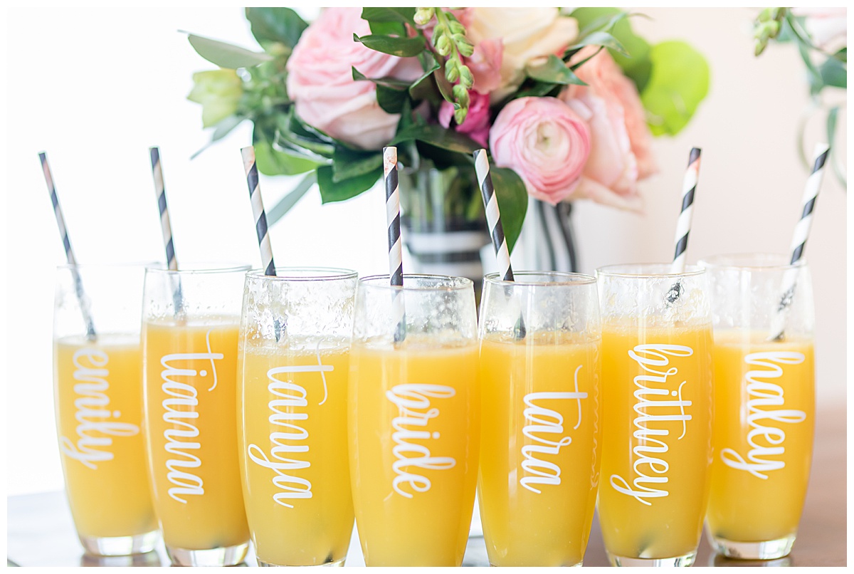 bridesmaids mimosas with custom labels 