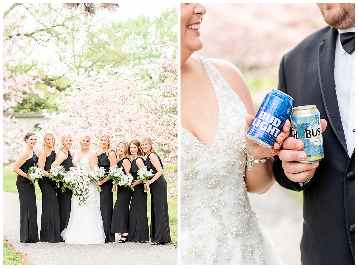 bride and groom holding beer in tower grove park