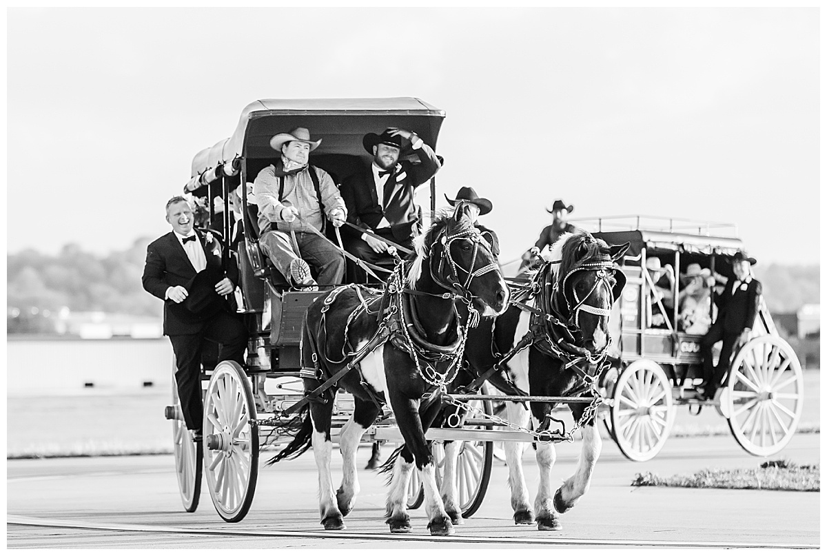 wedding party in stagecoach with horses