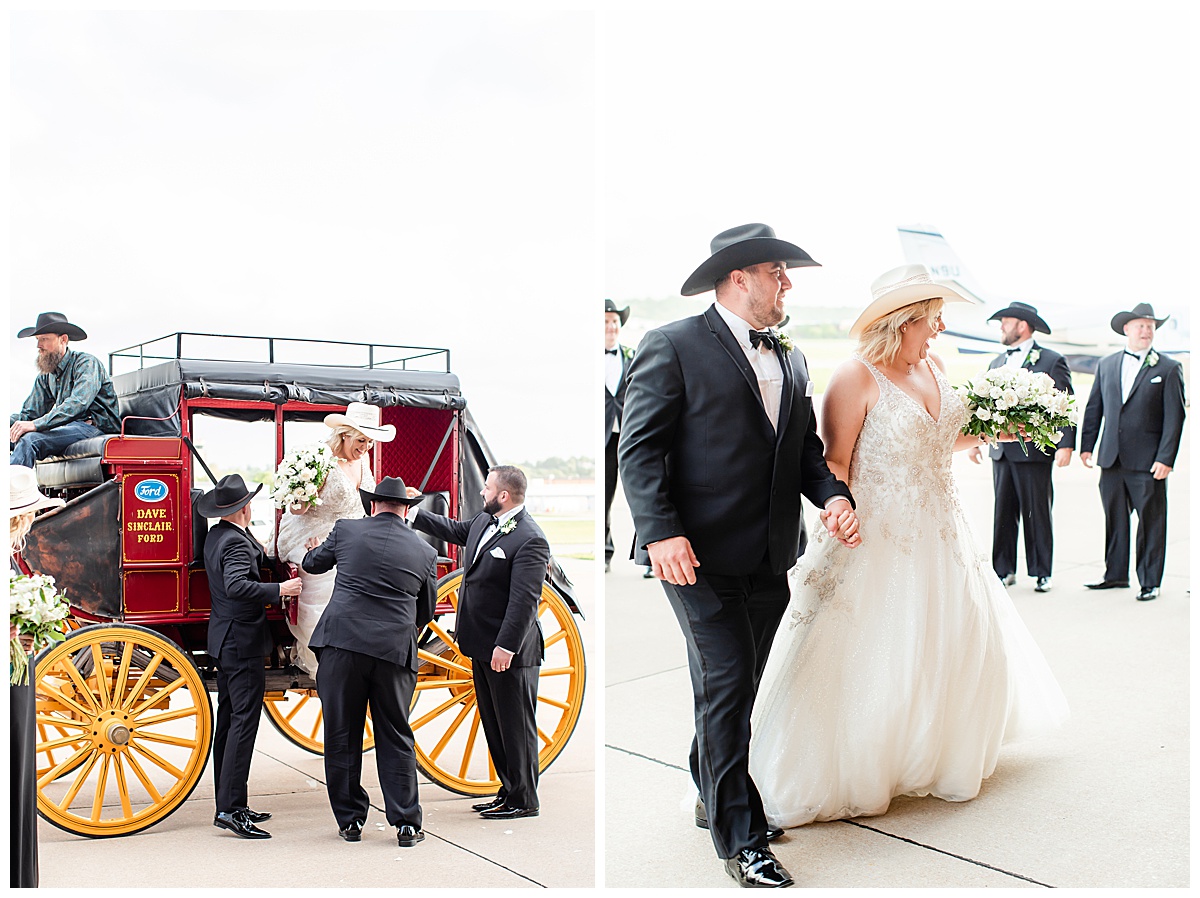 bride and groom entrance off a stagecoach