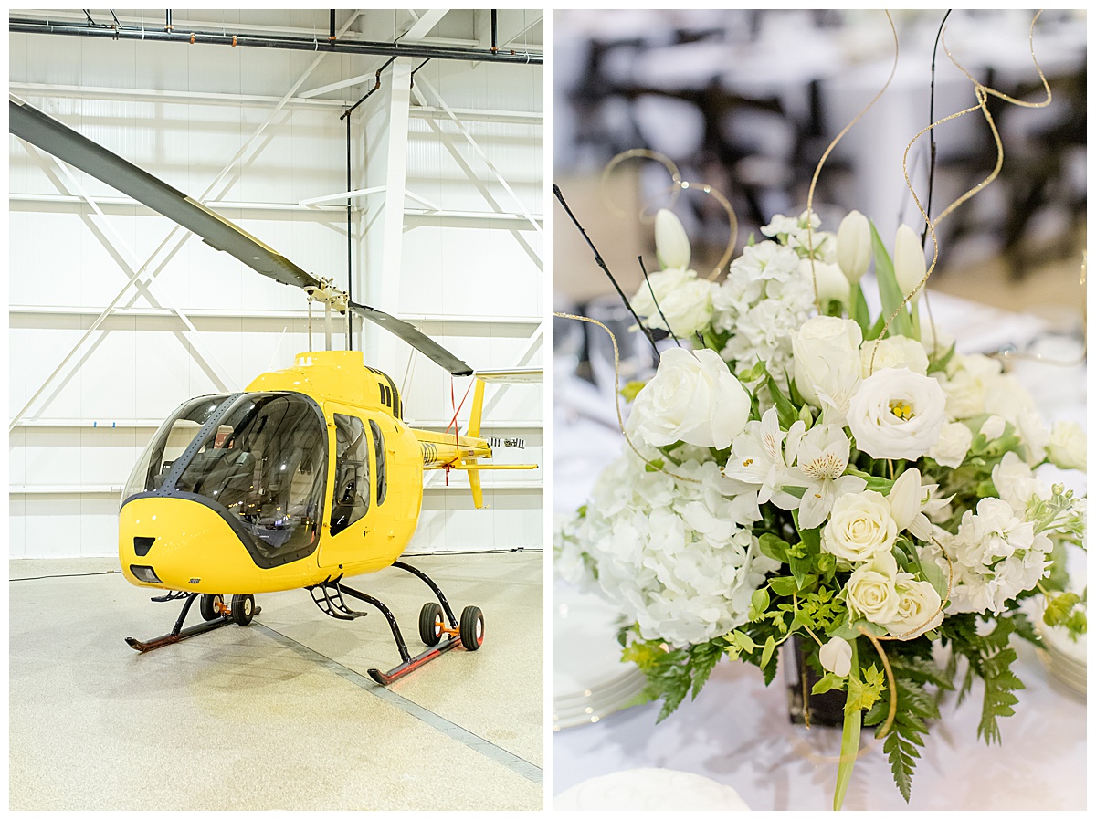 helicopter and wedding flowers at airplane hangar wedding