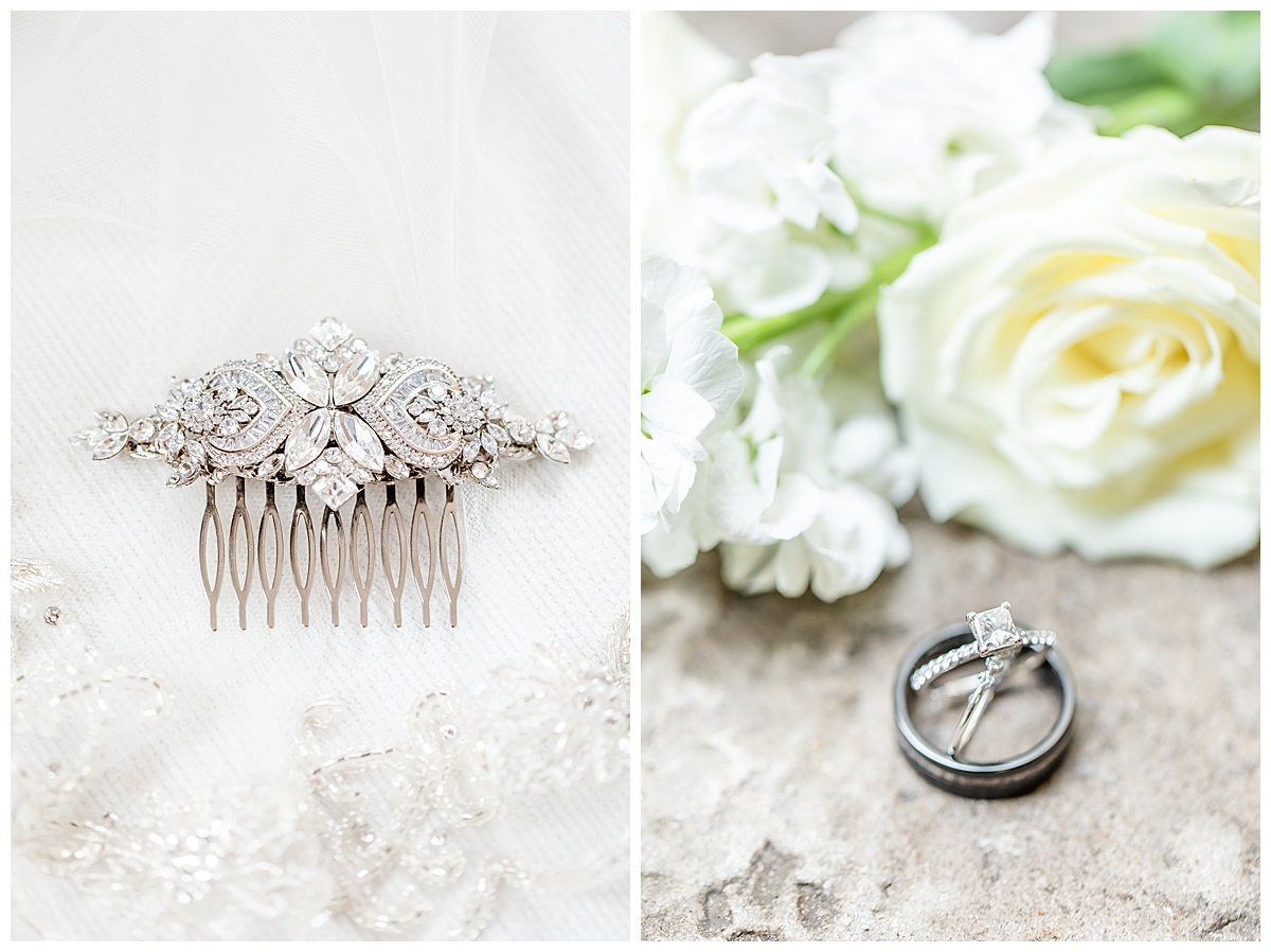 wedding hairpiece and rings with flowers