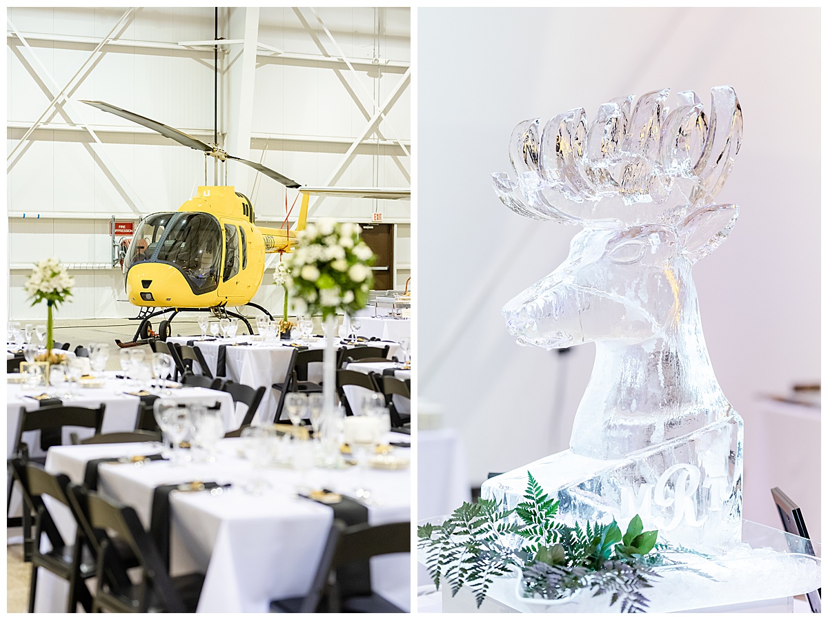 deer ice sculpture at airplane hangar wedding 