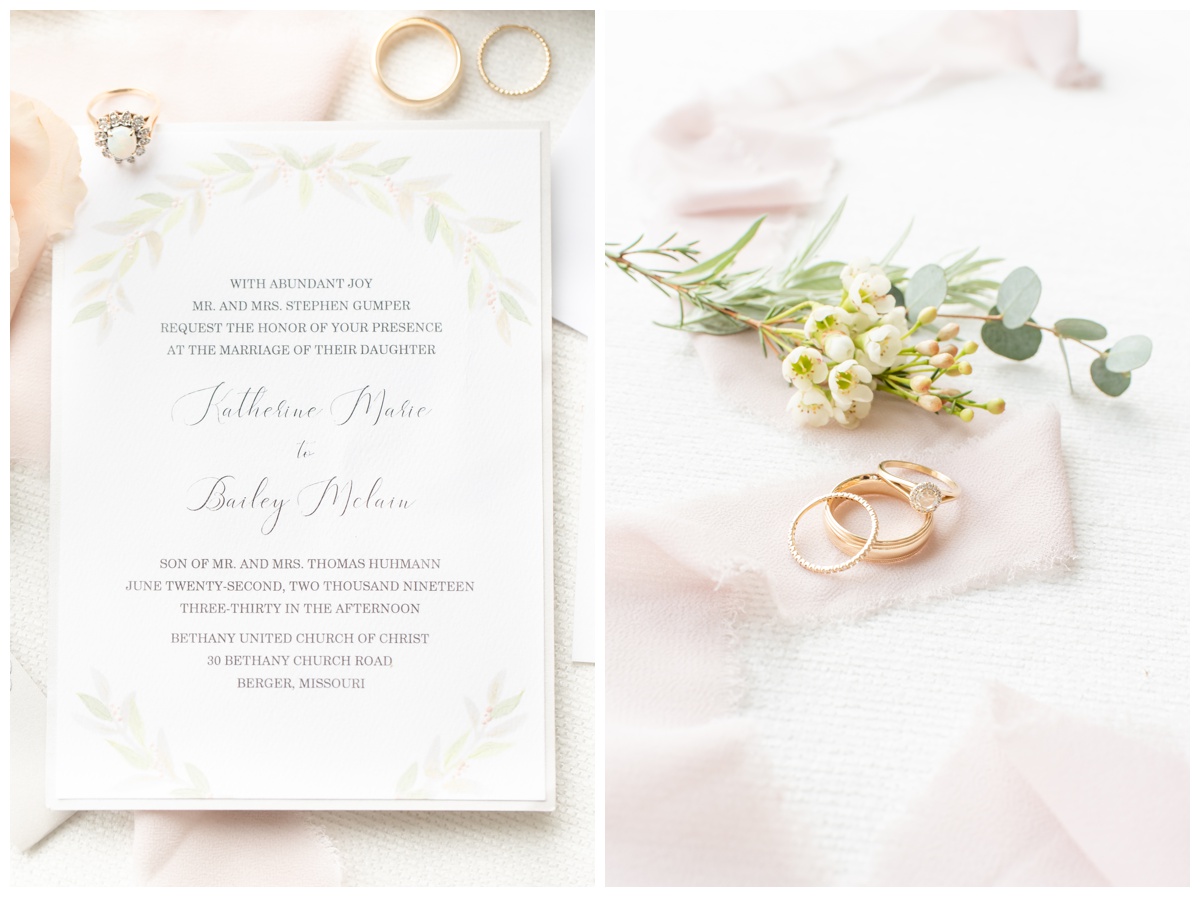 wedding invitation suite with rings and flowers