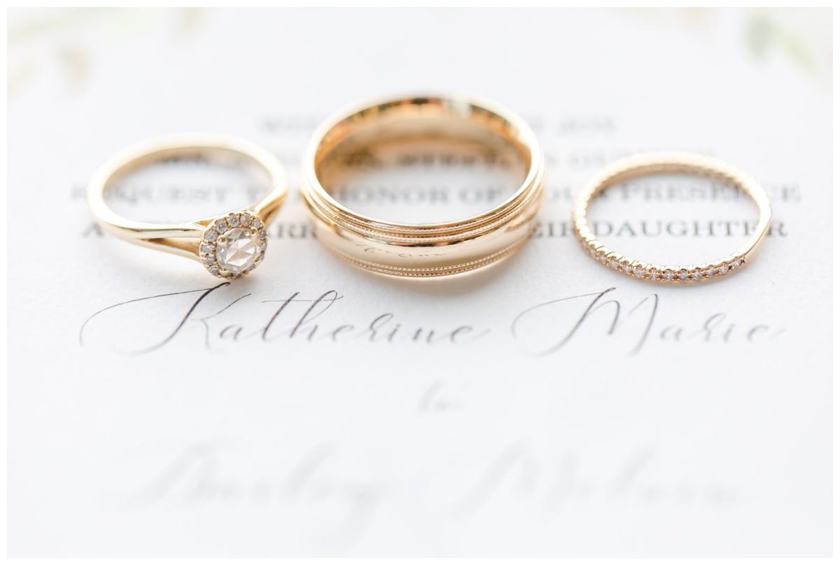 gold wedding rings on wedding invitation