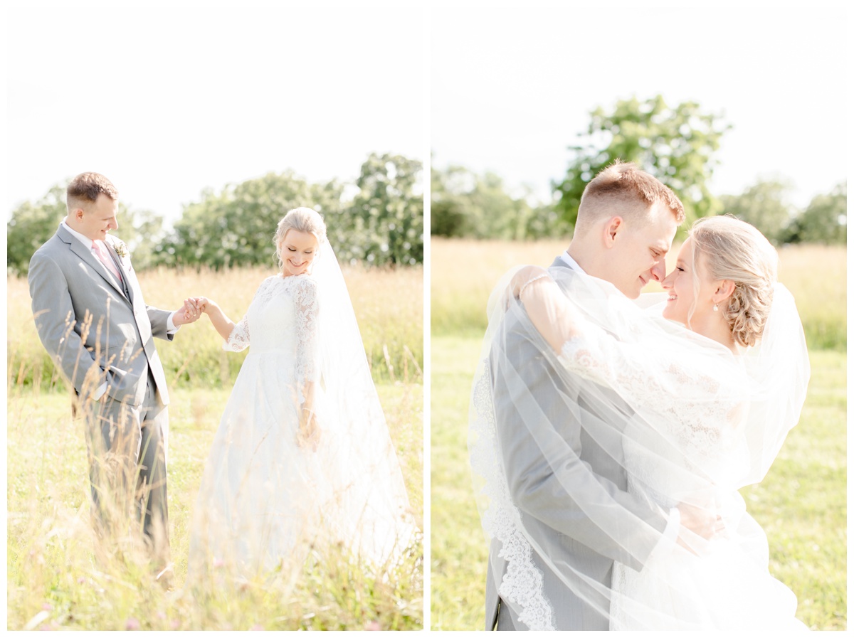 bride and groom in a field in Hermann Missouri