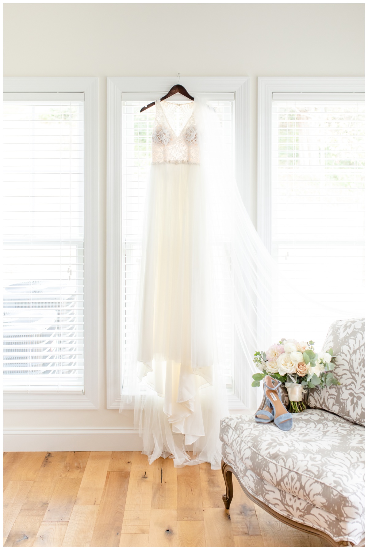 Maggie Sottero wedding dress hanging at Sunflower Hill Farm