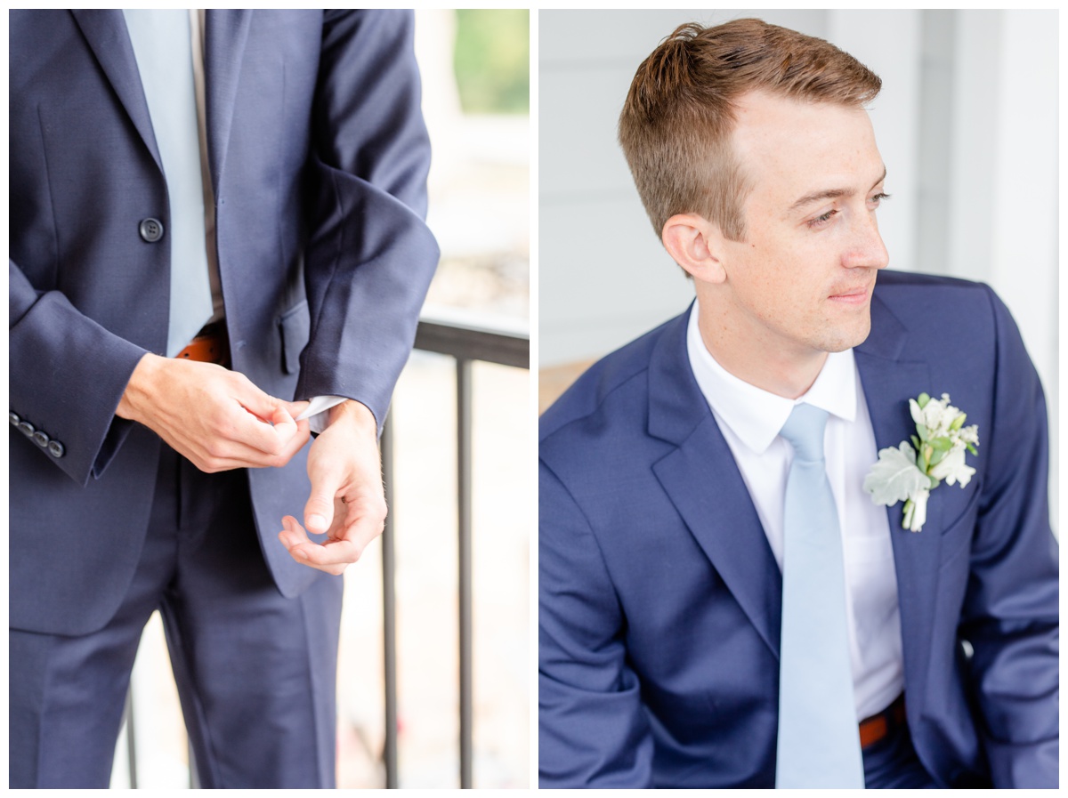 Navy suit and light blue tie for groom