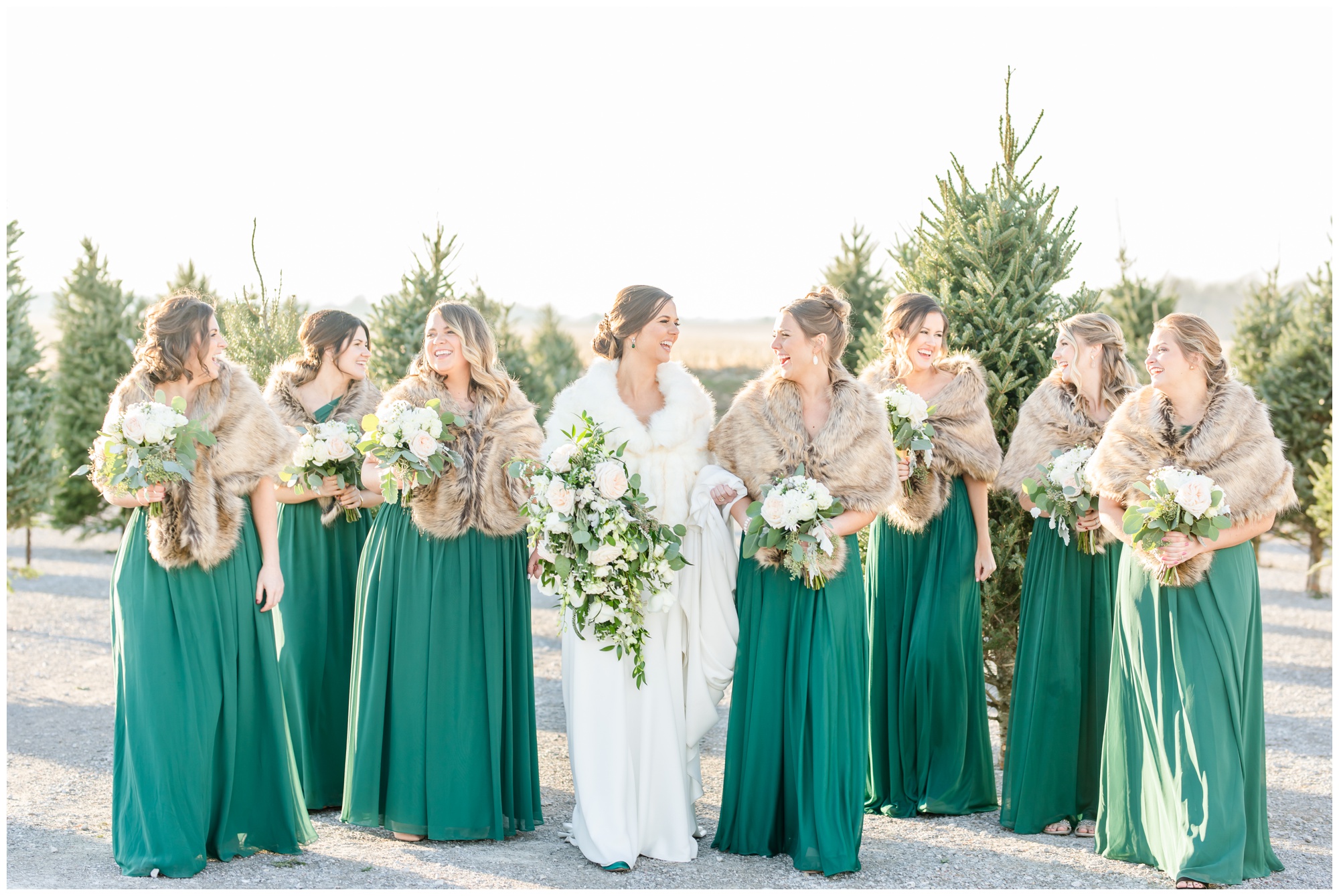 Greenhouse winter wedding emerald green bridesmaids dresses