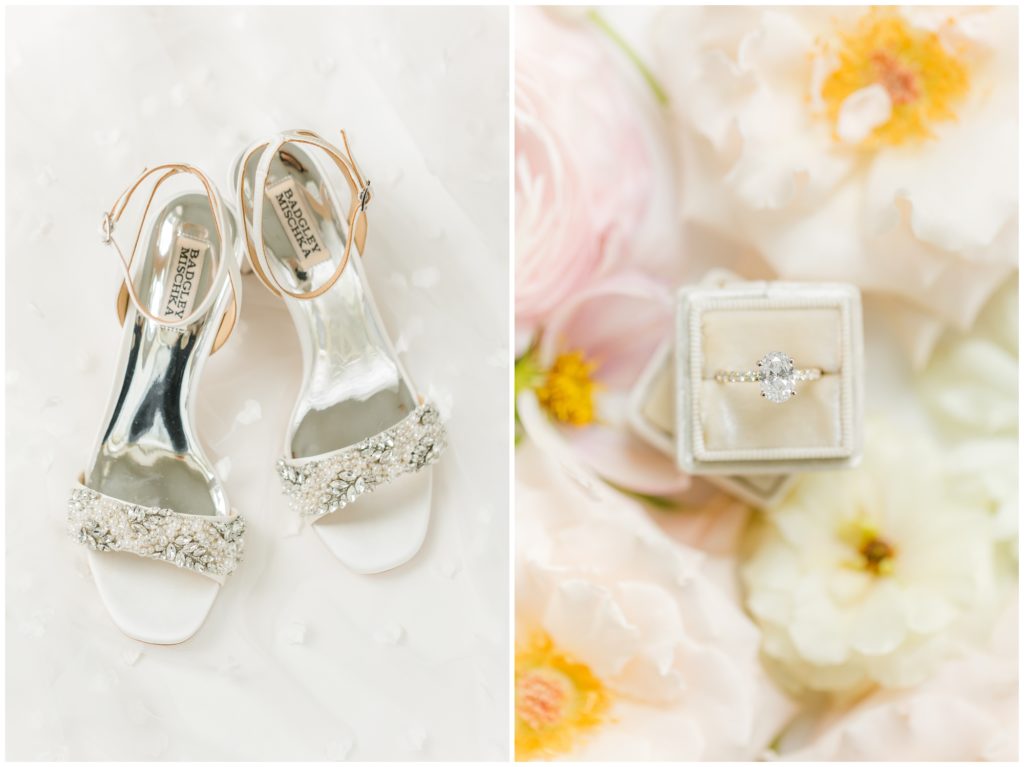1st pic: The bride's Badgley Mischka crystal studded wedding shoes. 2nd pic: The bride's diamond engagement ring is pictured in a cream velvet ring box.  