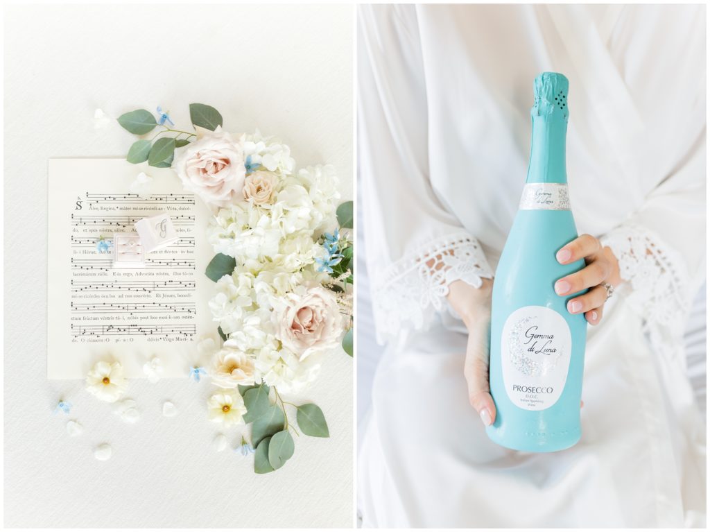 1st pic: Bridal jewelry is displayed on sheet music. 2nd pic: The bride holds a bright turquoise bottle of champagne. 