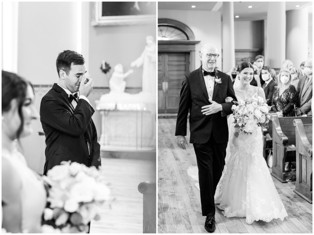 1st pic: the groom reacts to seeing his bride 2nd pic: The bride is escorted down the aisle by her father. 