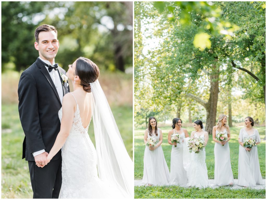1st pic: The bride and groom are pictured in a portrait. 2nd pic: The bridal party is pictured. 