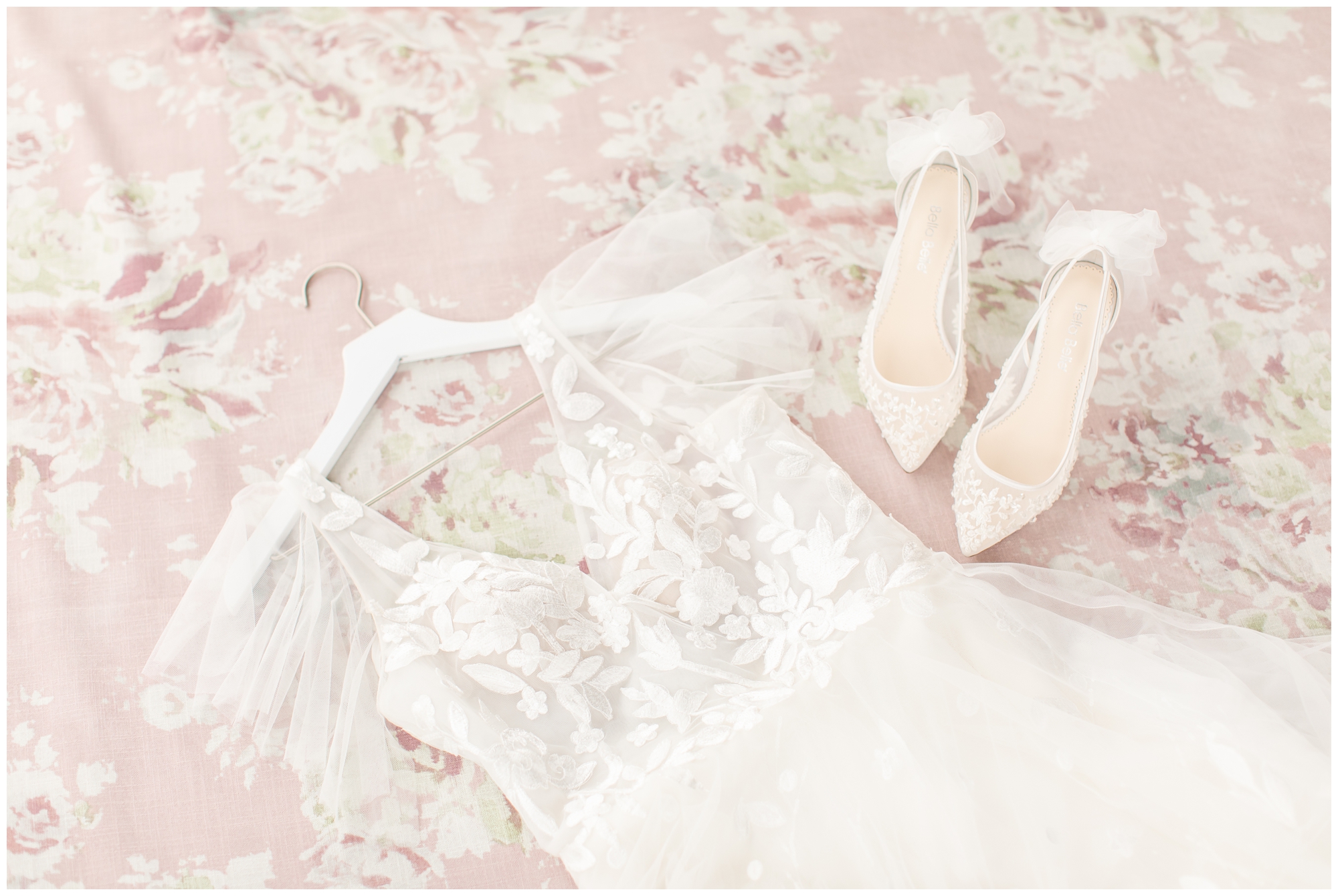 Floral background with wedding dress and Bella belle shoes