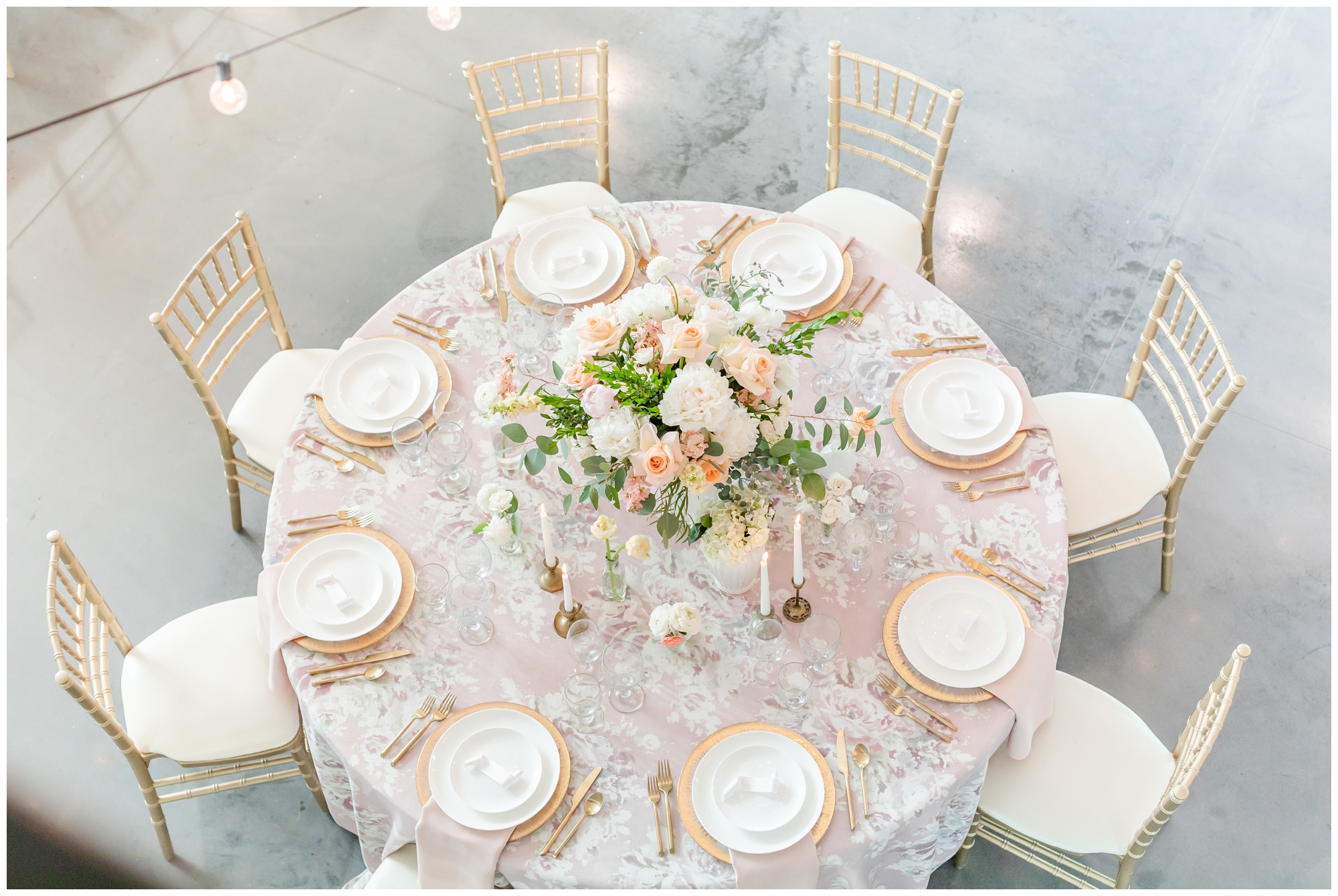 BBJ Linens floral tablecloth at Emerson Fields wedding venue