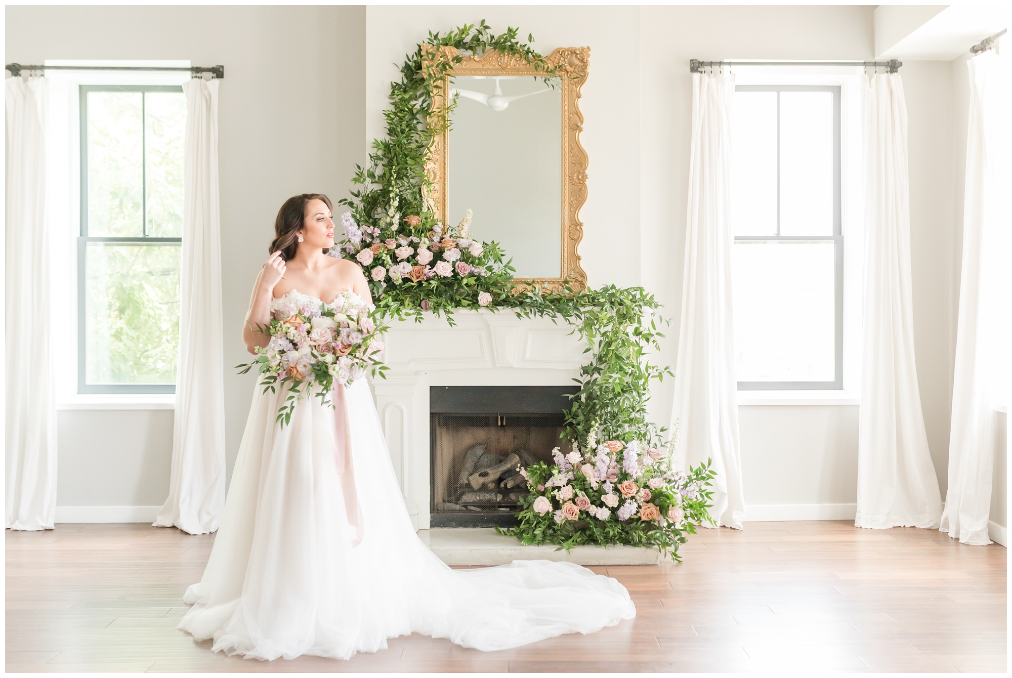Bride in loft with bouquet