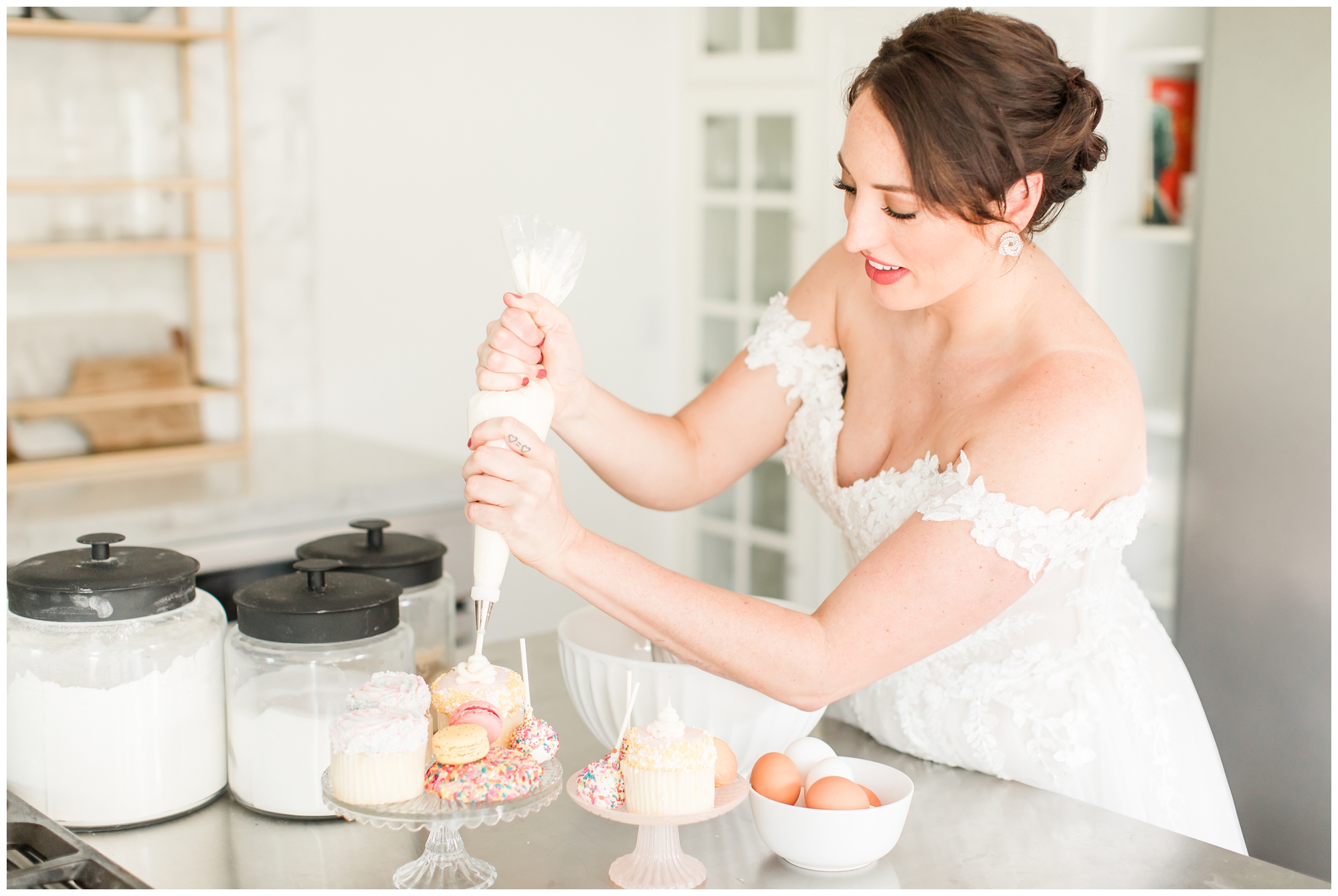 bride baking wedding cake