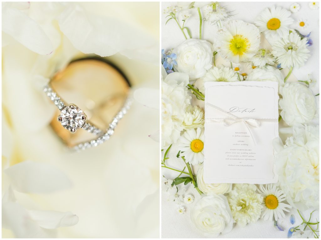 The bride's engagement band and wedding ring are shown on a bed of white flower petals. The picture on the right shows a soft and romantic invitation suite. It has white and light blue forals in the background. 