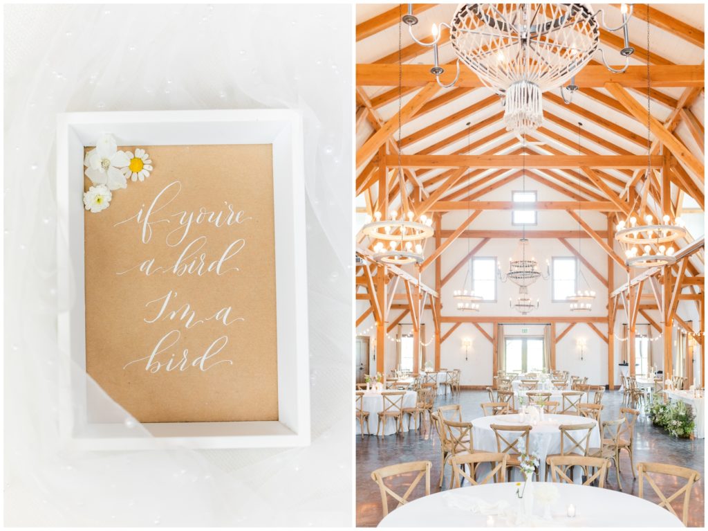 A sign with the text "If you're a bird I'm a bird" written in script. In the second picture, the interior of Blue Bell Farm is shown set up for the reception - white tables with simple floral arrangements surrounded by wooden chairs. 
