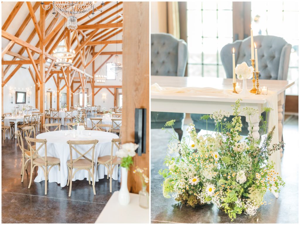 The interior of Blue Bell Farm is shown set up for the reception - white tables with simple floral arrangements surrounded by wooden chairs. In the second picture the white farm table is set up as a sweetheart table with light blue wing back chairs. 
