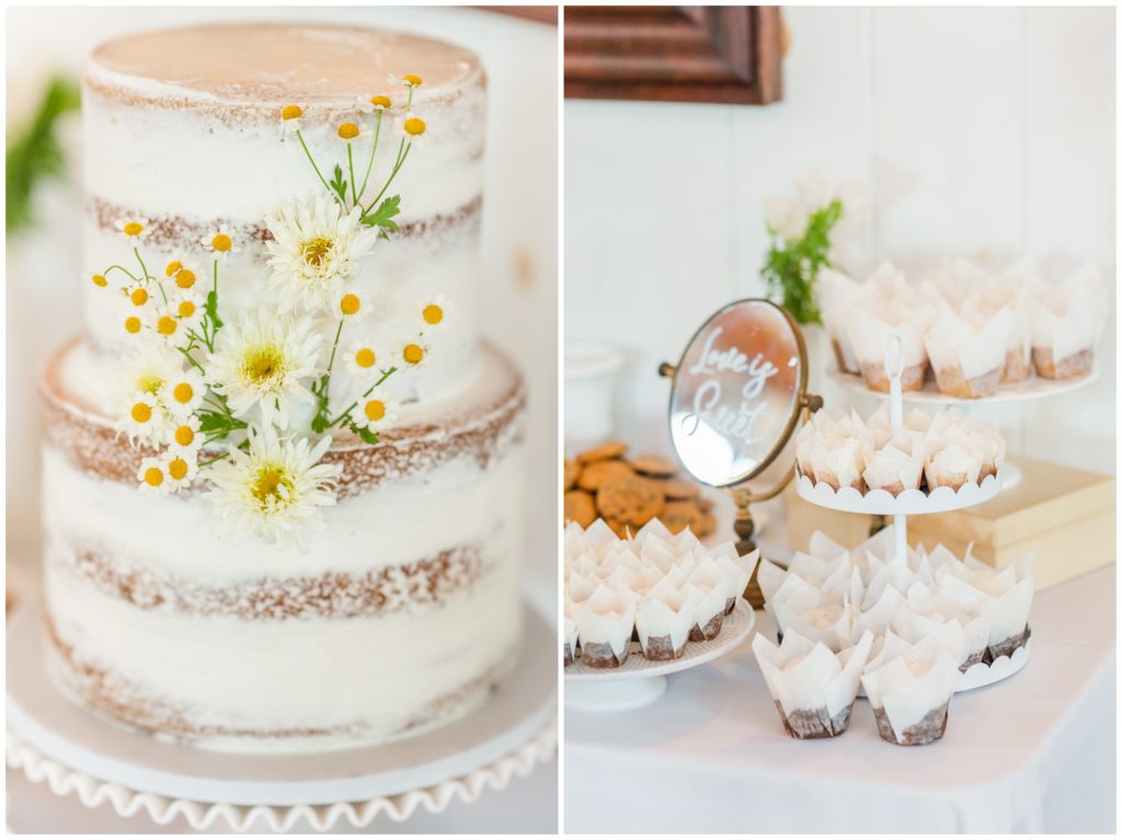 The white wedding cake is shown adorned simply with small white flowers. In the second picture, a desert table with various small desserts are shown. 