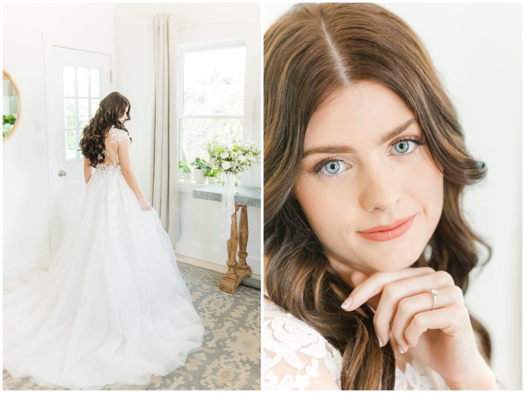 The bride poses in her white lace wedding dress. In the second photo, a close up photo of the bride smiling with her ring on display. 