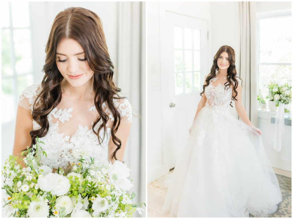 The bride poses with her bouquet.  The flowers are simple and all white, with pops of delicate greenery and some tiny white daisies with yellow centers. In the second photo, the bride poses in her white lace wedding dress. 