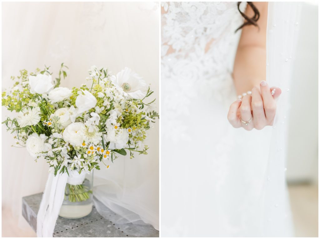 The bride's wedding bouquet is pictured. The flowers are simple and all white, with pops of delicate greenery and some tiny white daisies with yellow centers. In the second photo, the a close up of the bride's ring is shown. 