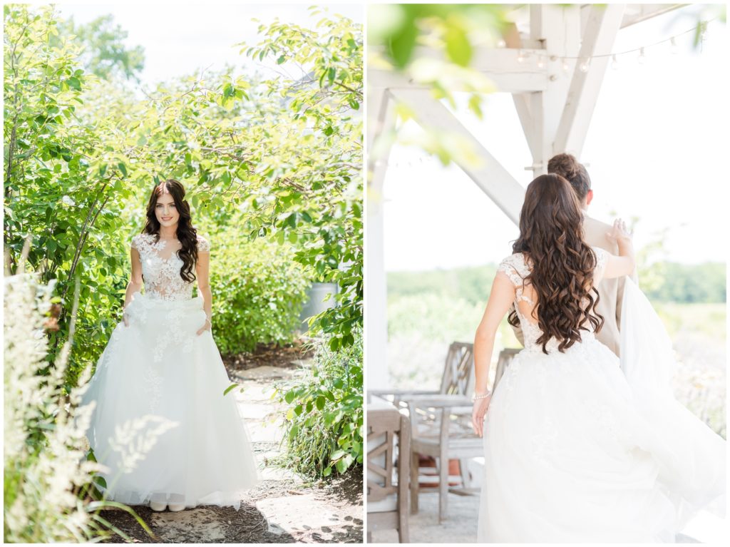 The bride poses in her white lace wedding dress surrounded by greenery. In the second photo, the bride taps the groom on the right shoulder, preparing for their first look.