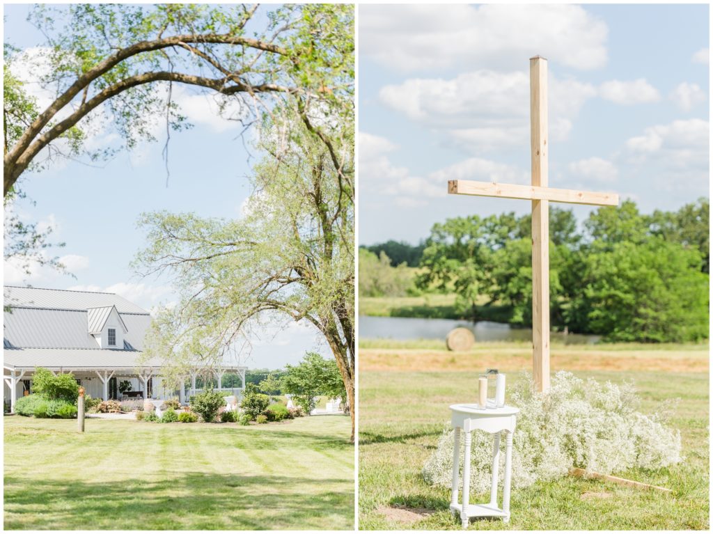 The barn at Blue Bell Farms is pictured. In the second photo, the ceremony site is shown, complete with simple wooden cross surrounded by babies breath. 