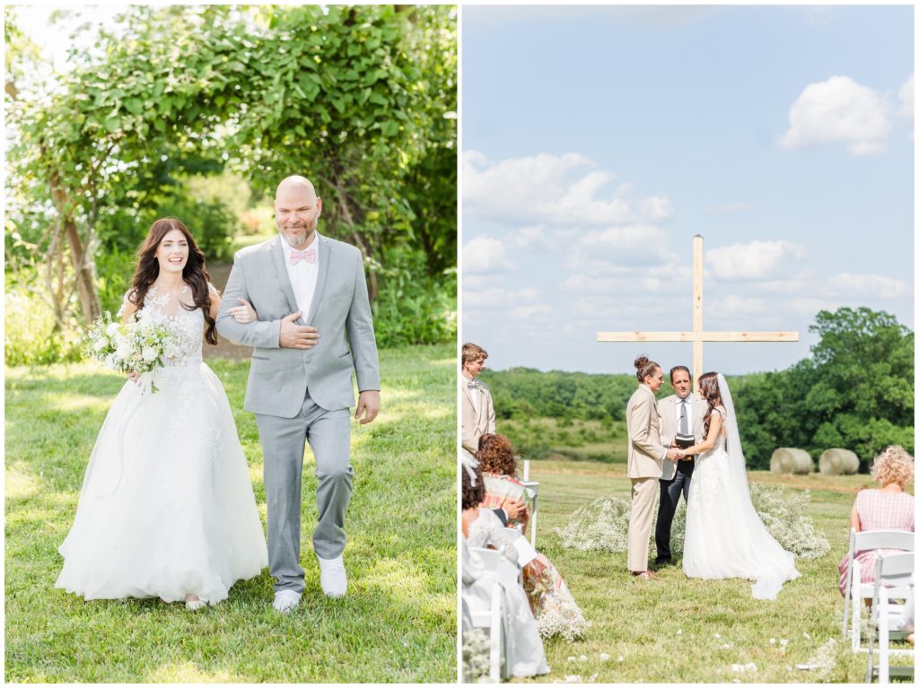 The bride walks down the aisle escorted by her father at her Blue Bell Farm wedding. In the second photo, the bride and groom exchange vows. 