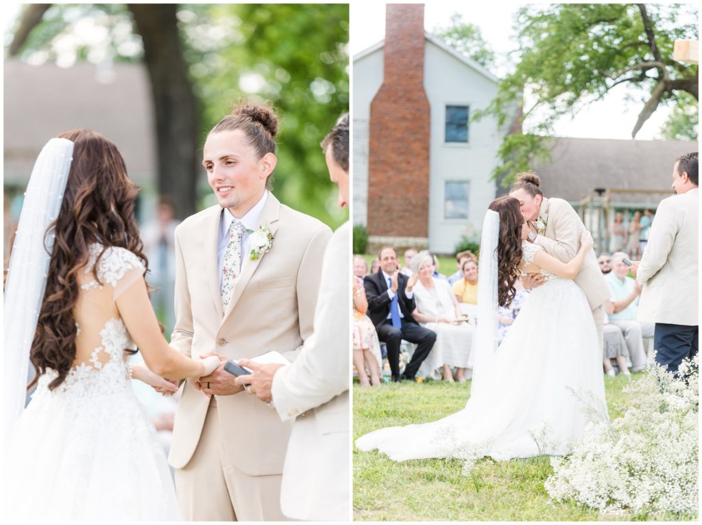 the bride and groom exchange vows. In the second photo, the bride and groom share their first kiss as husband and wife 