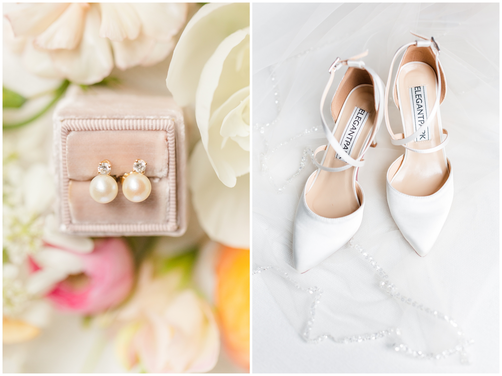 Pearl and diamond earrings are in a pink velvet box. The box sits atop the wedding bouquet. There is also a photo with white pointed toe wedding shoes on top of a wedding veil. 