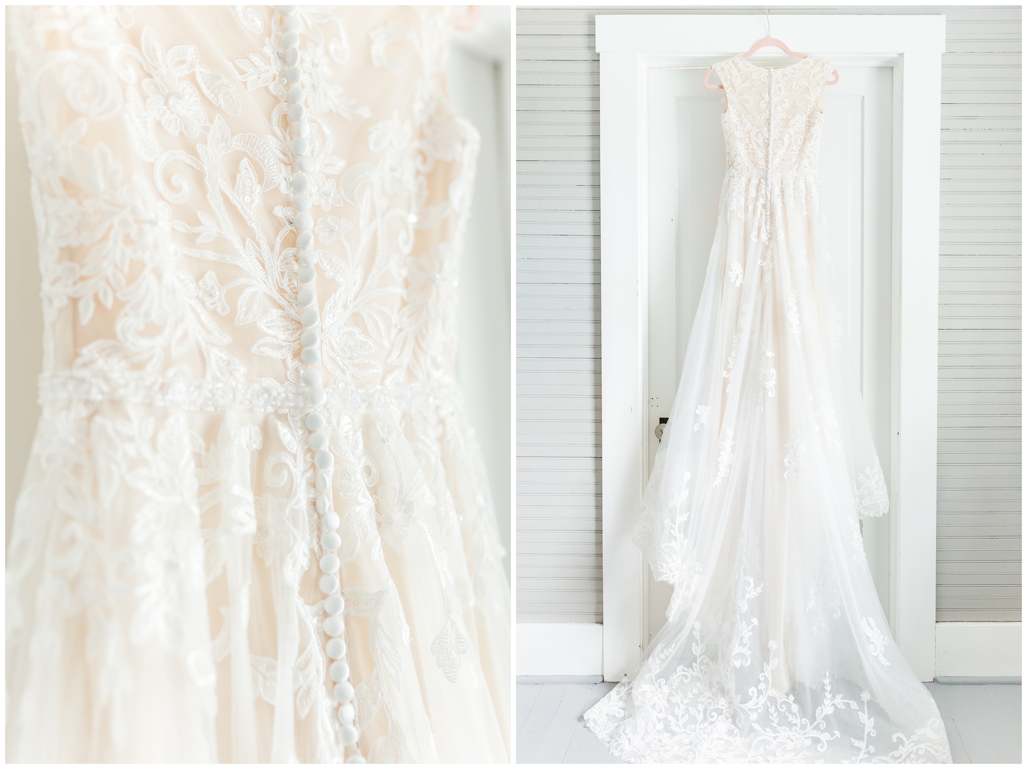 The wedding dress, white and made of lace, is displayed hanging on a white door. The back of the dress is the focus, with its buttons all the way up the back. 