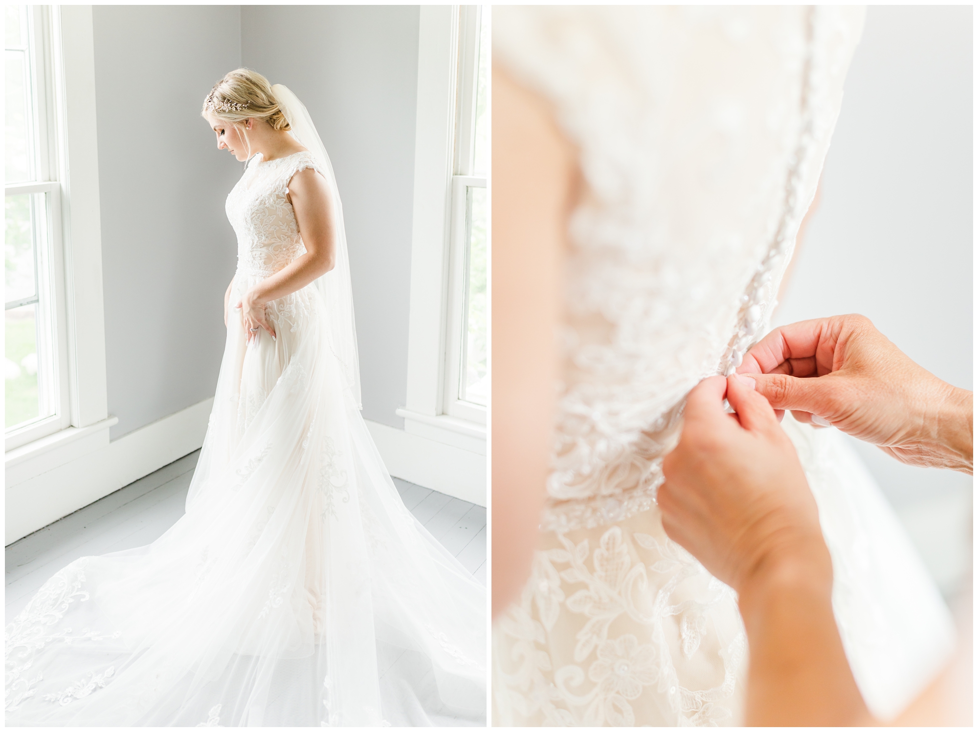 The bride stands in her white lace gown in front of a window. In the second photo beside it someone buttons the back of the gown. 