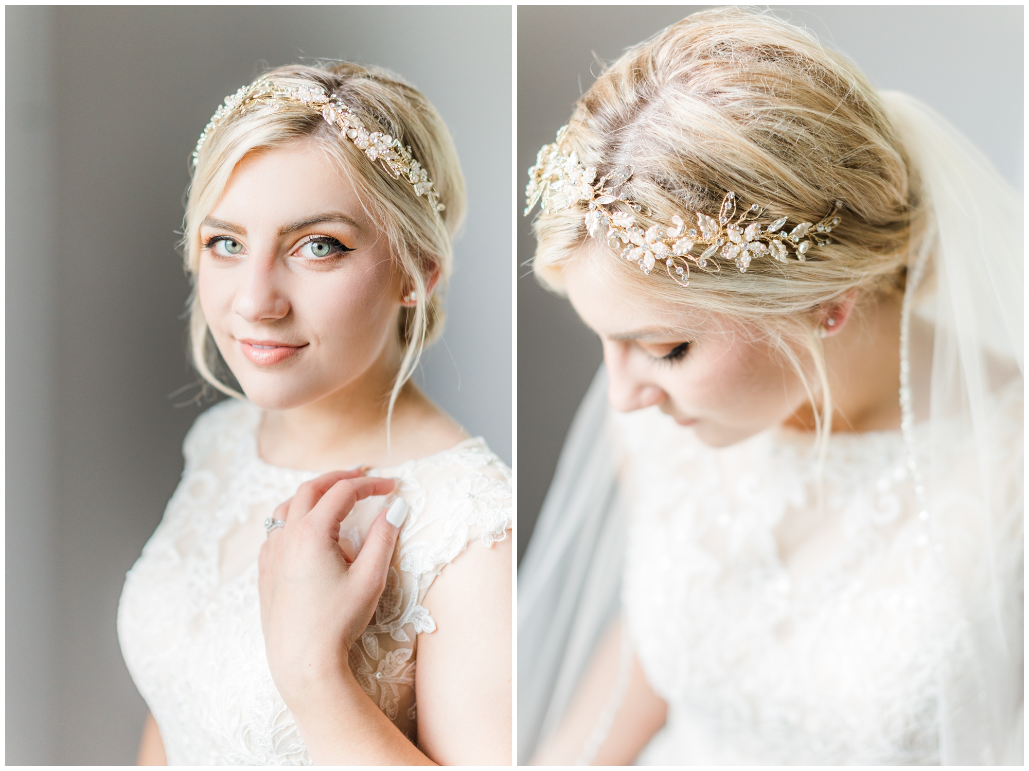 The bride gives a soft smile in a portrait in her gown. In the second picture, she leans her head down to clearly view the white and gold head piece. 