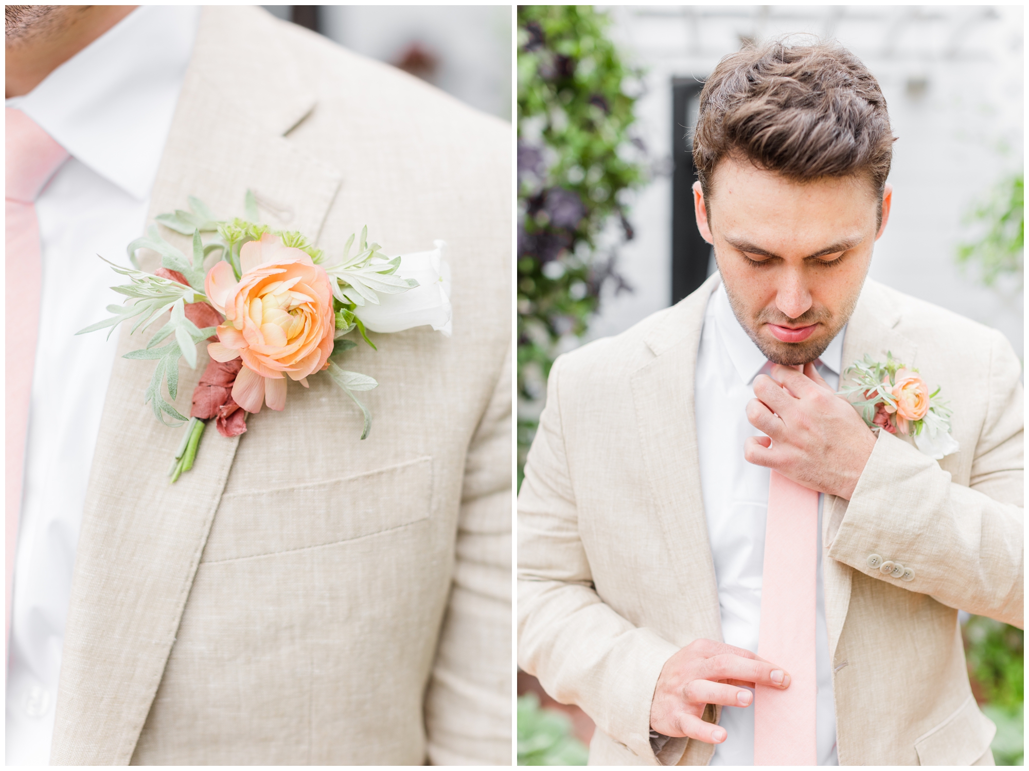 The groom poses in his tan linen suit. He is wearing a pale pink tie with a boutonniere (orange and white flowers plus greenery) tied with a pink ribbon.  