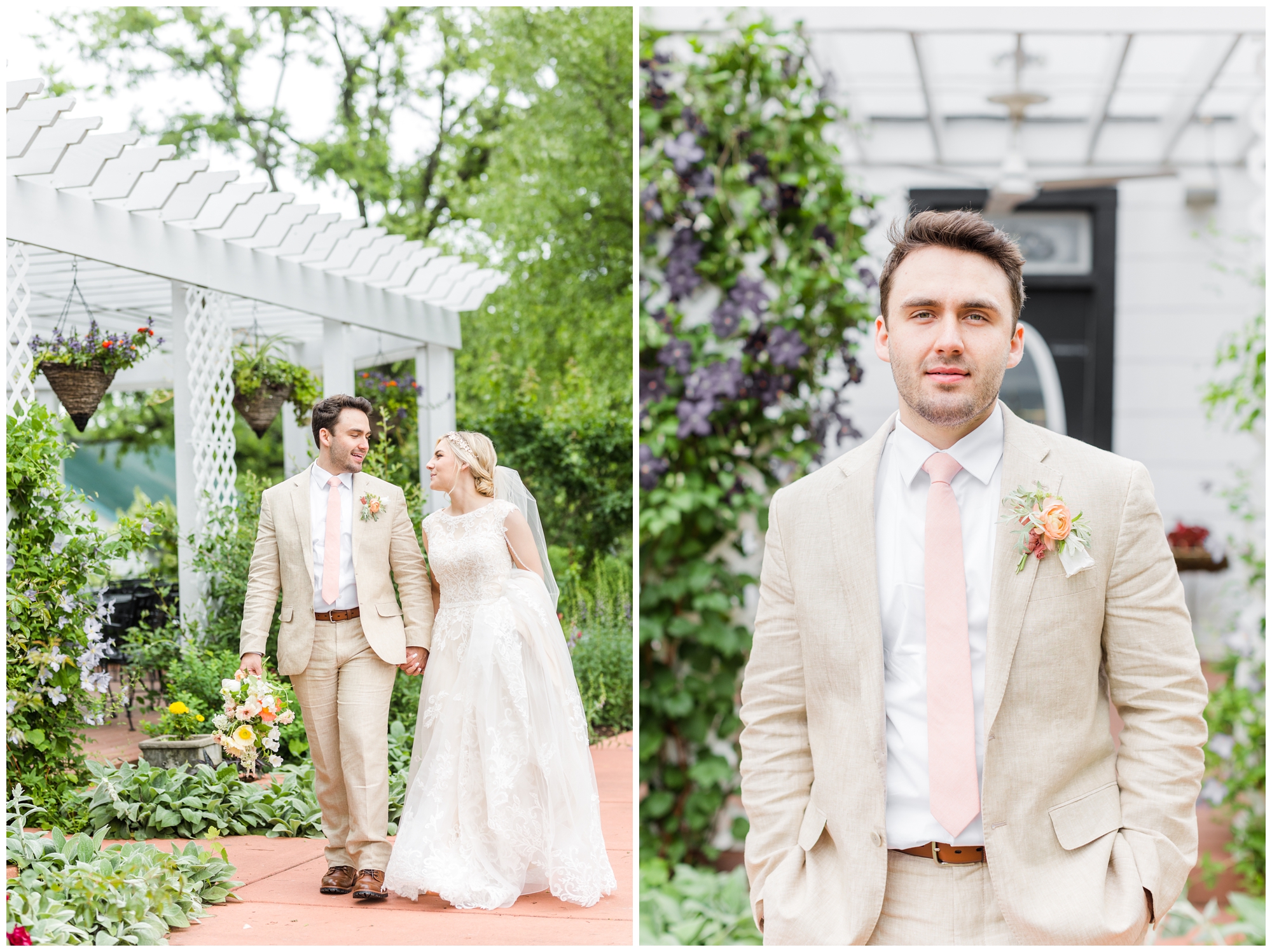 The groom poses in his tan linen suit. He is wearing a pale pink tie with a boutonniere (orange and white flowers plus greenery) tied with a pink ribbon.  He also poses with his bride. She is holding her gown in her hand and looking at him as they walk. 