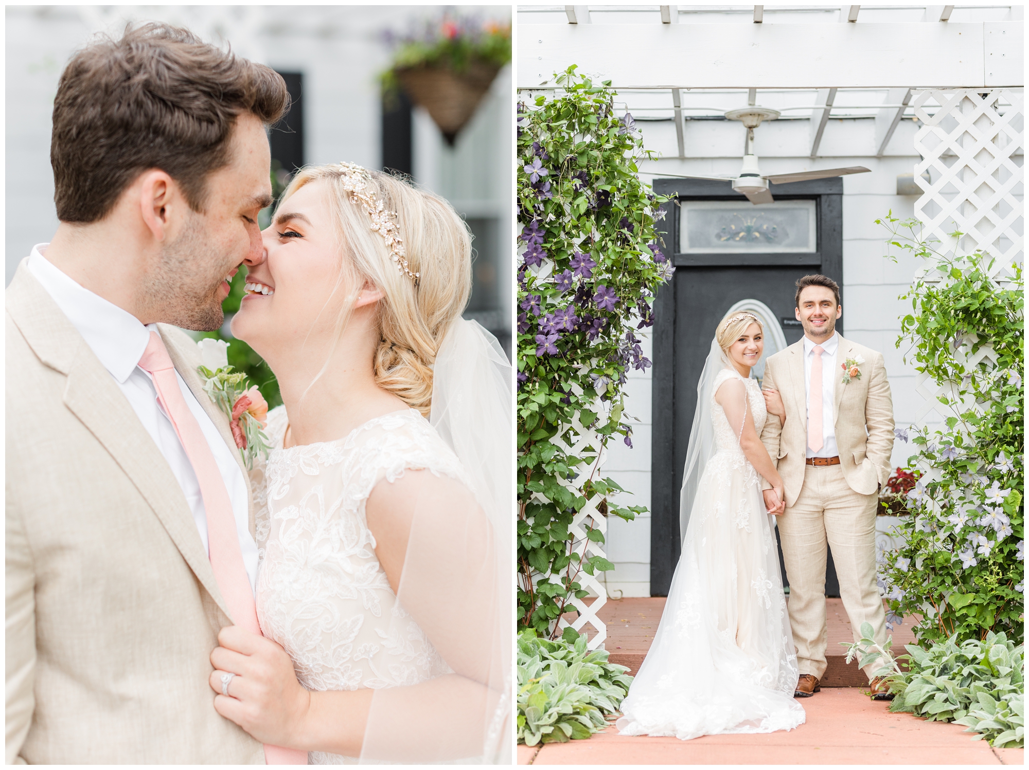The bride and groom kiss in a portrait. In the second photo, the bride and groom pose in a portrait. 