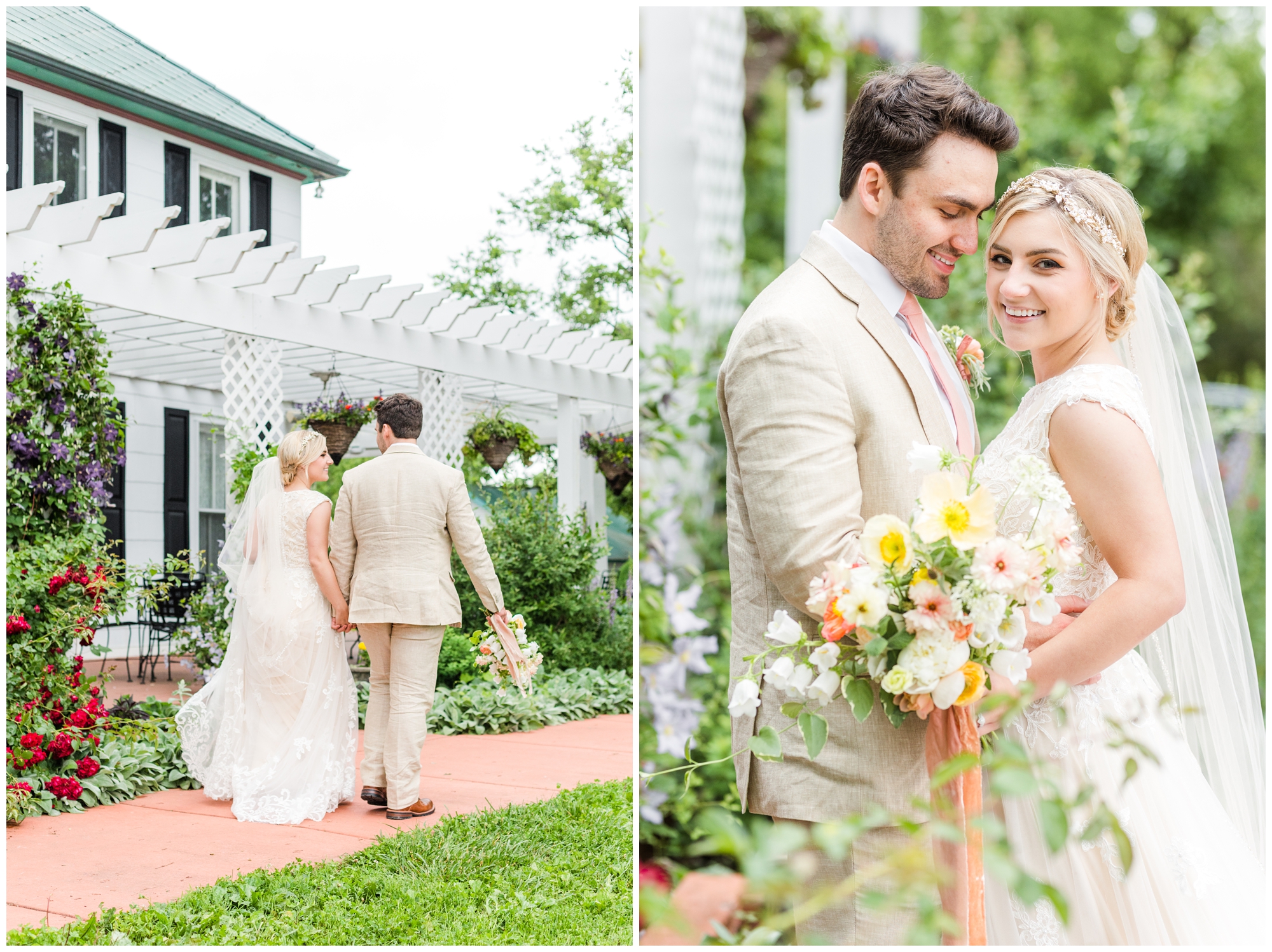 The bride and groom walk in front of the porch at defiance vineyard. In the second photo, the groom looks at the bride, who is smiling at the camera. 