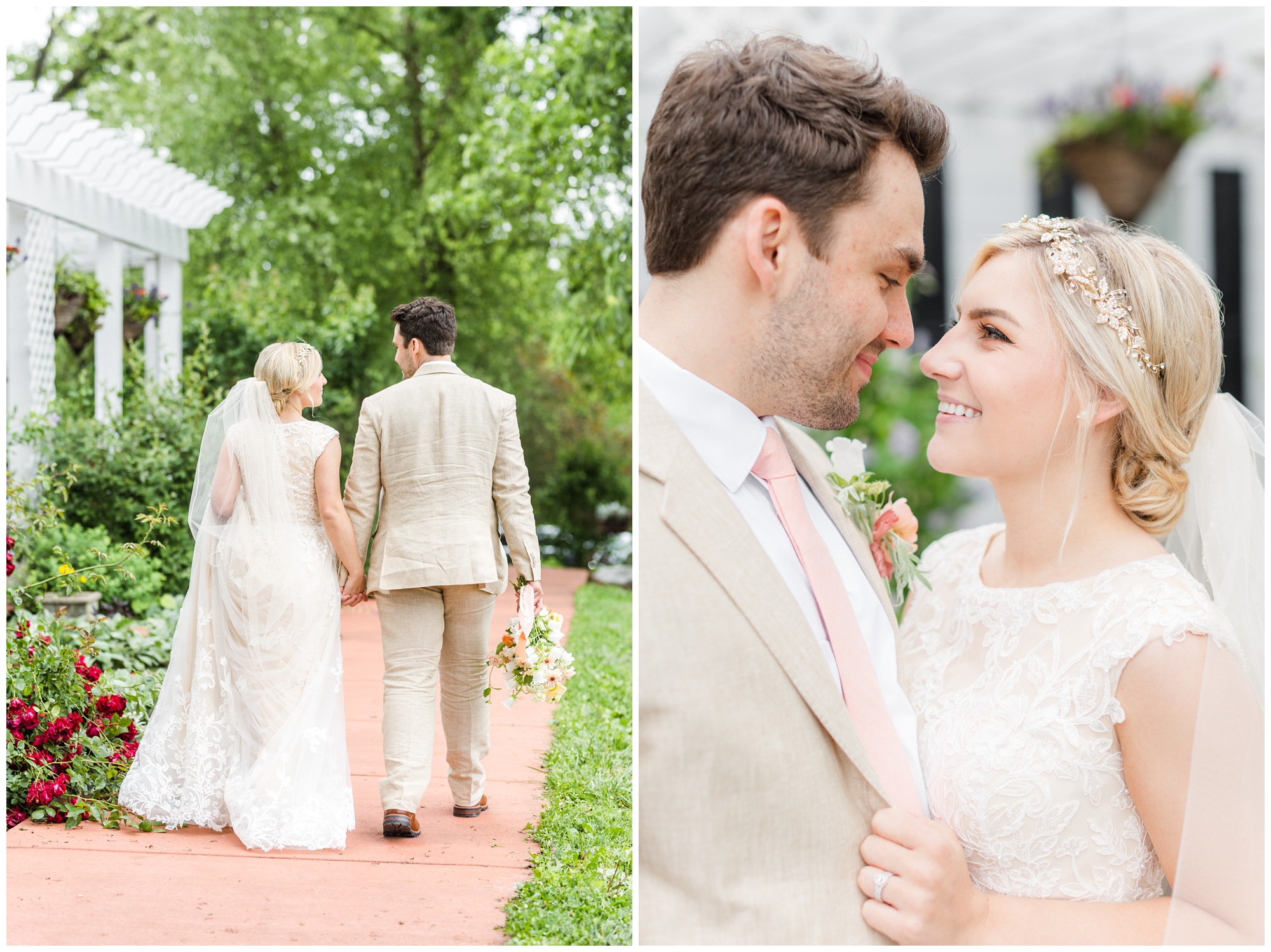 The bride and groom walk in front of the porch at defiance vineyard. In the second photo, the bride and groom smile at each other in a close up portrait. 