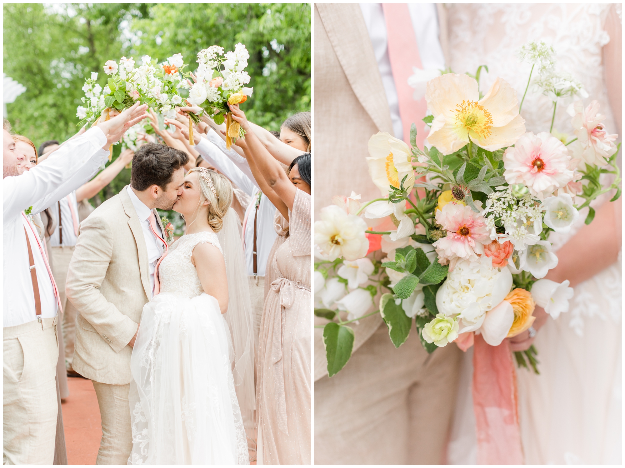 The bride and groom kiss in a portrait. Members of the wedding party are making an arch above them with their hands and the flowers. 