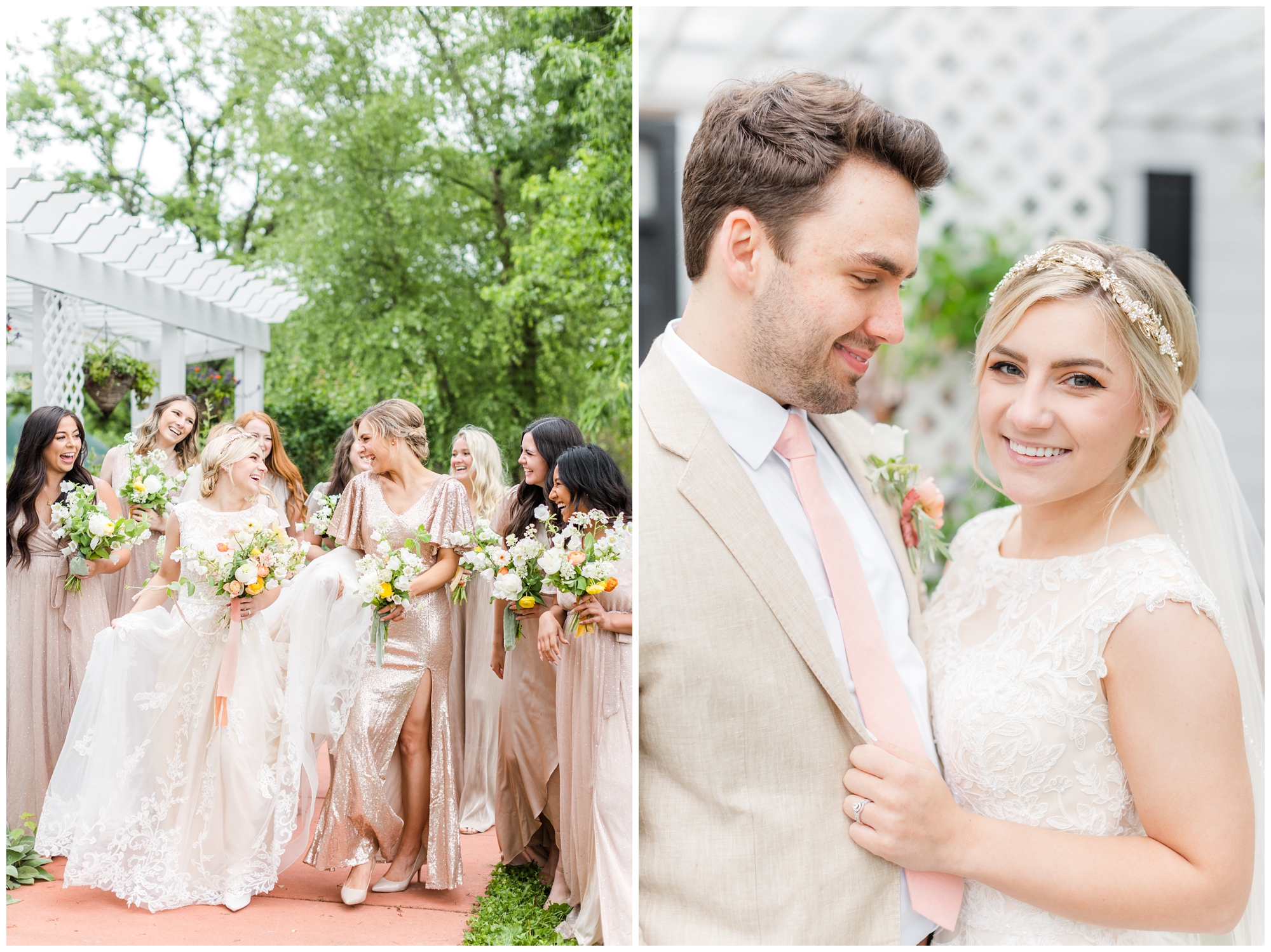 The bride poses with her bridal party. The bride and groom pose in the second picture in a smiling portrait. 