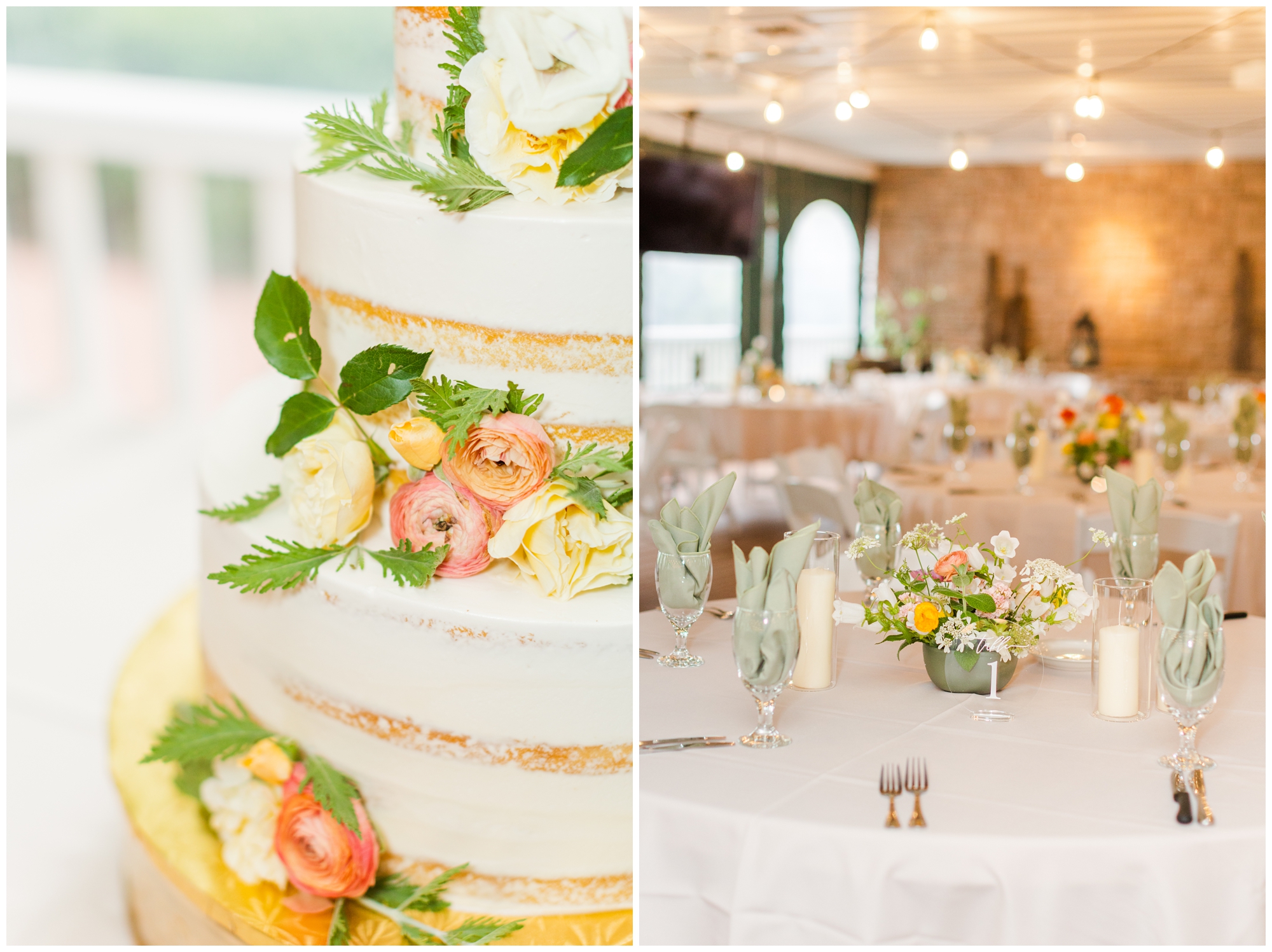 The wedding cake is in the first picture. In the second picture, The reception space is pictured. The tables are covered in a pale linen and are surrounded with white wooden chairs. There are short floral arrangements on the tables. 