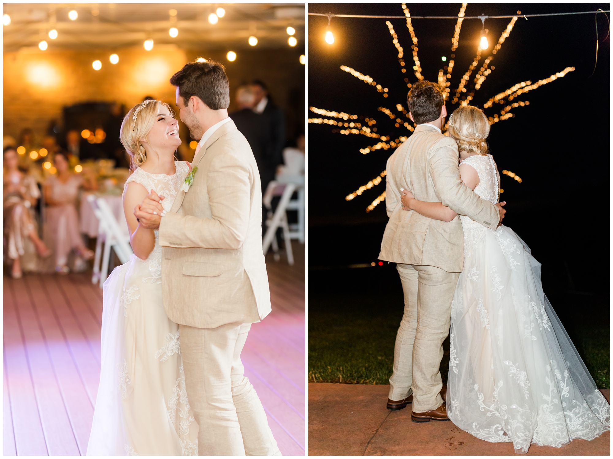 The bride and groom enjoy their first dance at the wedding reception at deception vineyard. In the second picture the bride and groom enjoy their private fireworks show to cap off their reception. 