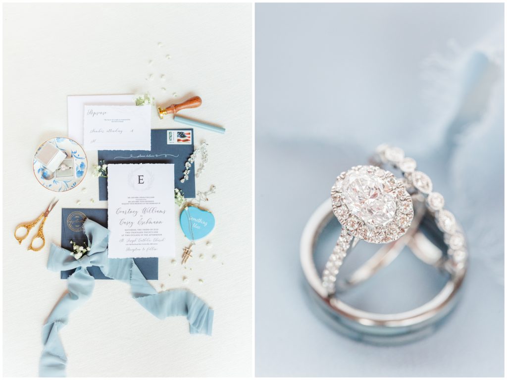 The invitation suite is displayed on a white background. 2nd picture: A white gold and diamond engagement ring and wedding band, together with the white gold men's wedding band, are displayed on a light blue background. 