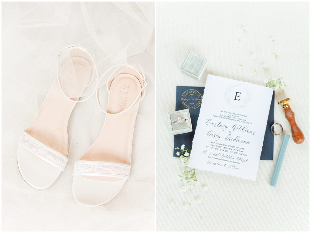 The bride's white and lace wedding shoes are displayed on a white background, including the wedding veil. 2nd photo: A white gold and diamond engagement ring and wedding band, together with the white gold men's wedding band, are displayed on a the blue and white wedding invitation suite. 
