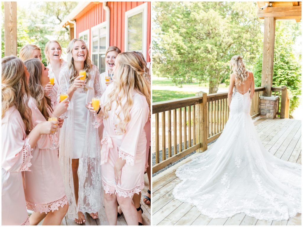 The bride, dressed in a white dressing gown, drinks mimosas with her bridesmaids who are dressed in light pink dressing gowns. 2nd photo: The bride poses on a porch in her wedding gown.