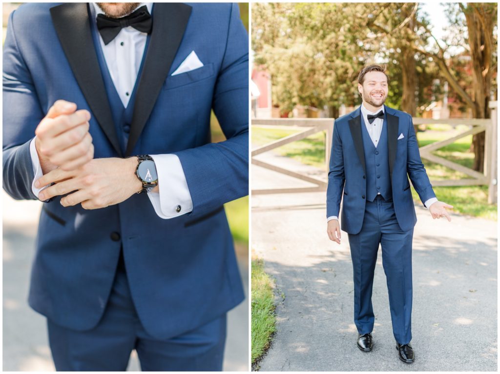 The groom poses in his royal blue tux. 